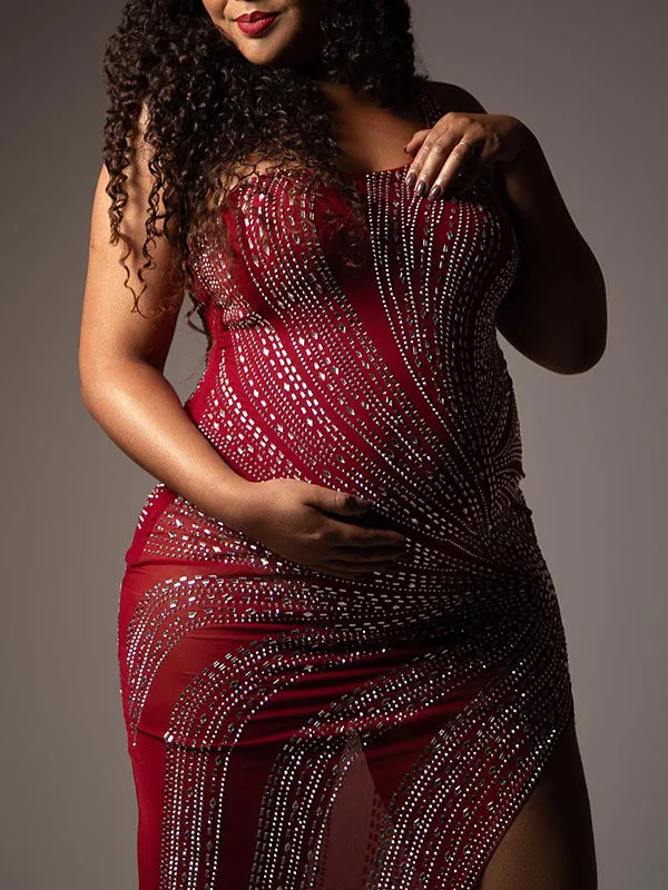 Momnfancy Burgundy Rhinestone Diamond Sheer Sparkly Side Slit Bodycon One Shoulder Maternity Photoshoot Maxi Dress