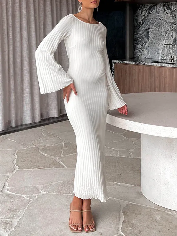 Momnfancy White Backless Tie Back Pleated Bodycon Elegant Baby Shower Maternity Maxi Dress