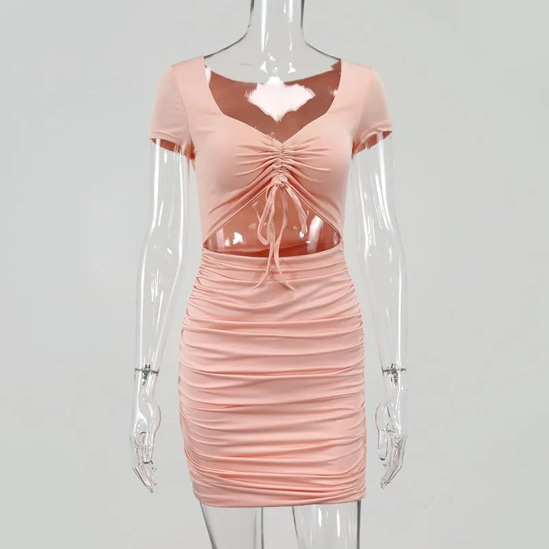 NewAsia Aushöhlen Sexy Kleid Frauen V-ausschnitt Kordelzug Falte Sommer Kleider Rosa Kurzarm Bodycon Geraffte Kleid Schwarz 2020 Neue