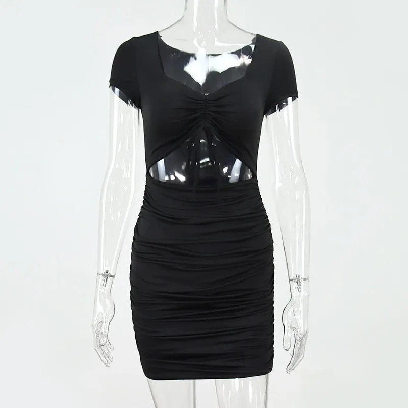 NewAsia Aushöhlen Sexy Kleid Frauen V-ausschnitt Kordelzug Falte Sommer Kleider Rosa Kurzarm Bodycon Geraffte Kleid Schwarz 2020 Neue