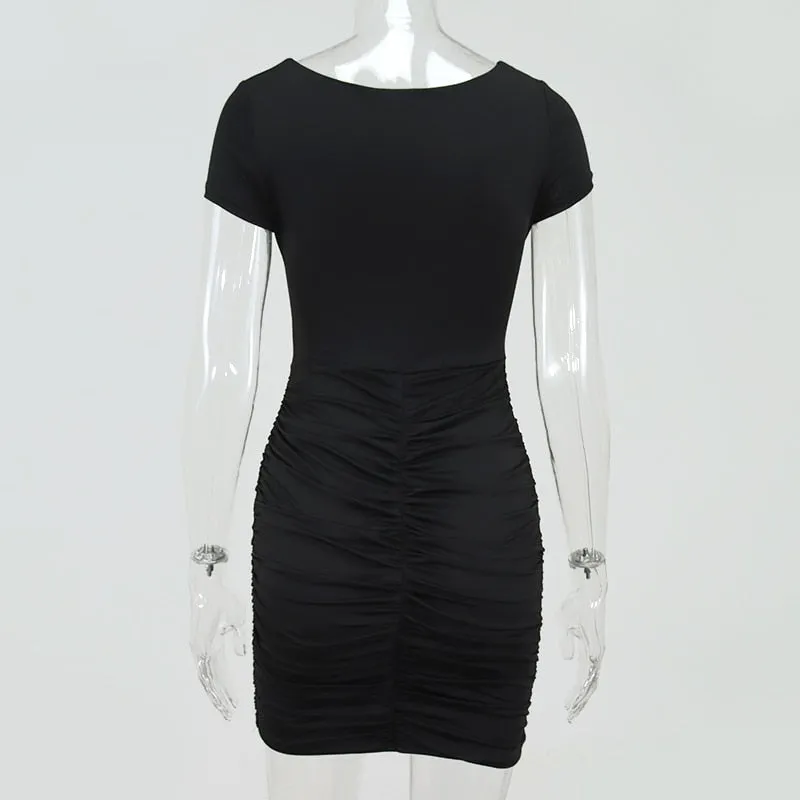 NewAsia Aushöhlen Sexy Kleid Frauen V-ausschnitt Kordelzug Falte Sommer Kleider Rosa Kurzarm Bodycon Geraffte Kleid Schwarz 2020 Neue