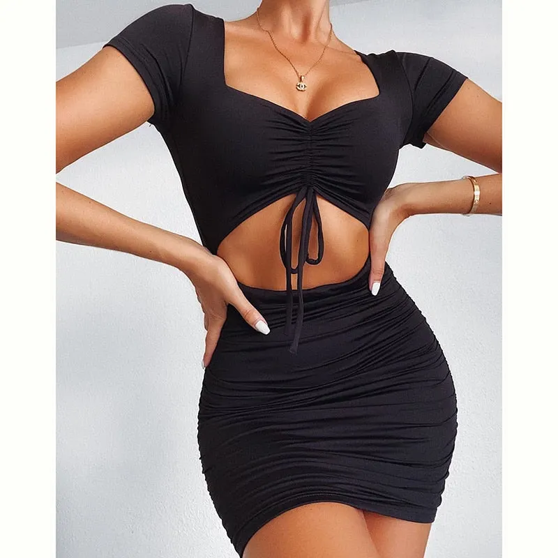 NewAsia Aushöhlen Sexy Kleid Frauen V-ausschnitt Kordelzug Falte Sommer Kleider Rosa Kurzarm Bodycon Geraffte Kleid Schwarz 2020 Neue