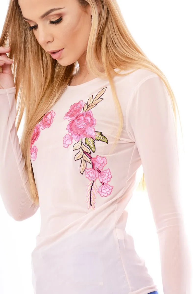 Nude Mesh Floral Embroidered Long Sleeve Top - Lisha