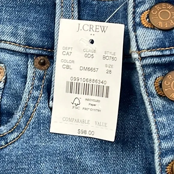 NWT J Crew 28, 6 10&quot; High Rise Fly Button 28&quot; Inseam  Blue Skinny Denim Jeans