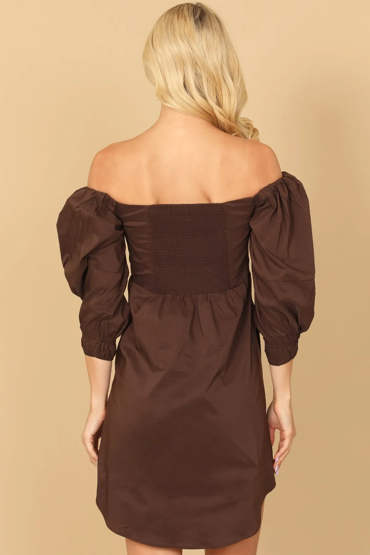 OFF SHOULDER RUCHED FRONT CURVE HEM SOLID MINI DRESS