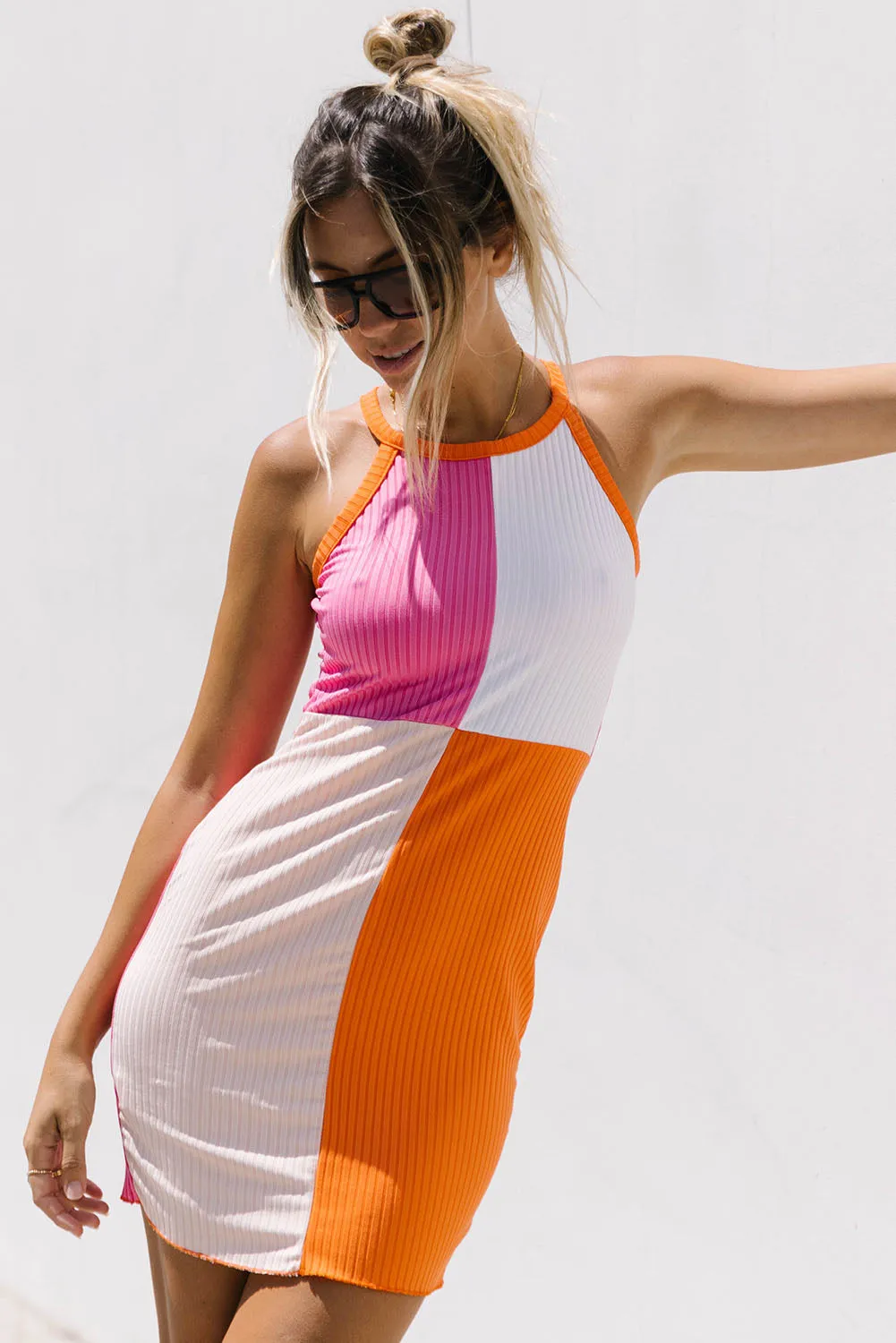 Pink Color Block Ribbed Sleeveless Bodycon Mini Dress