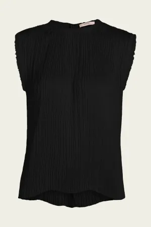 Pleated Satin Crew Neck Shell in Black