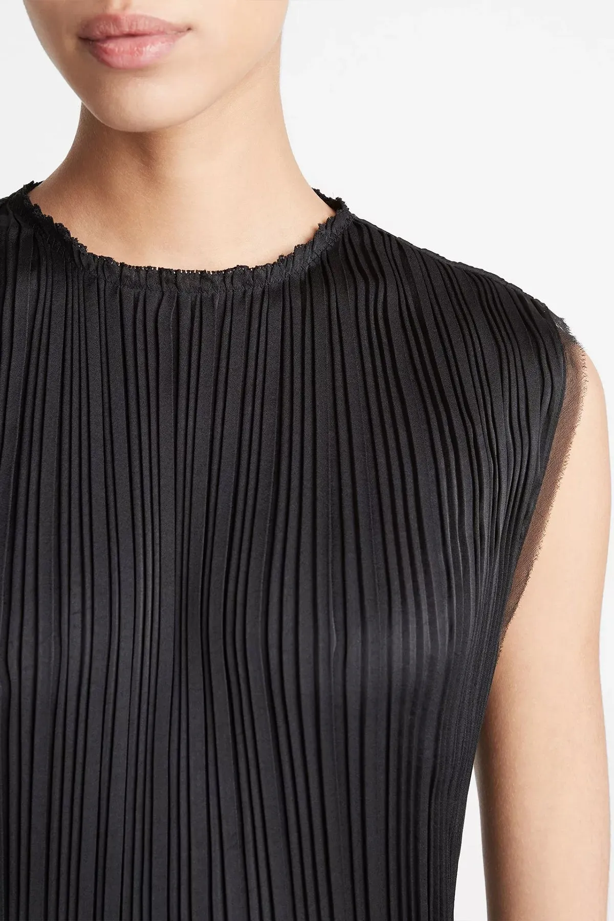 Pleated Satin Crew Neck Shell in Black
