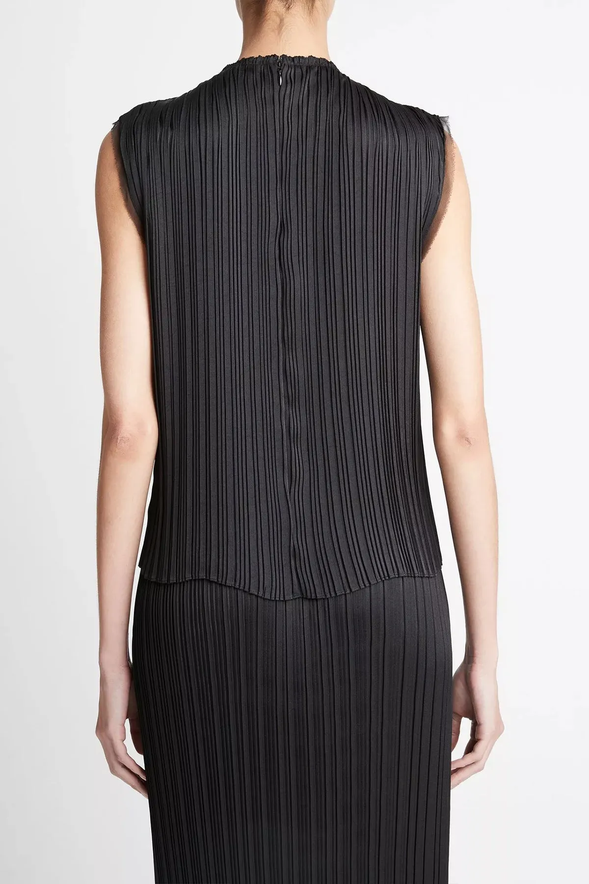 Pleated Satin Crew Neck Shell in Black