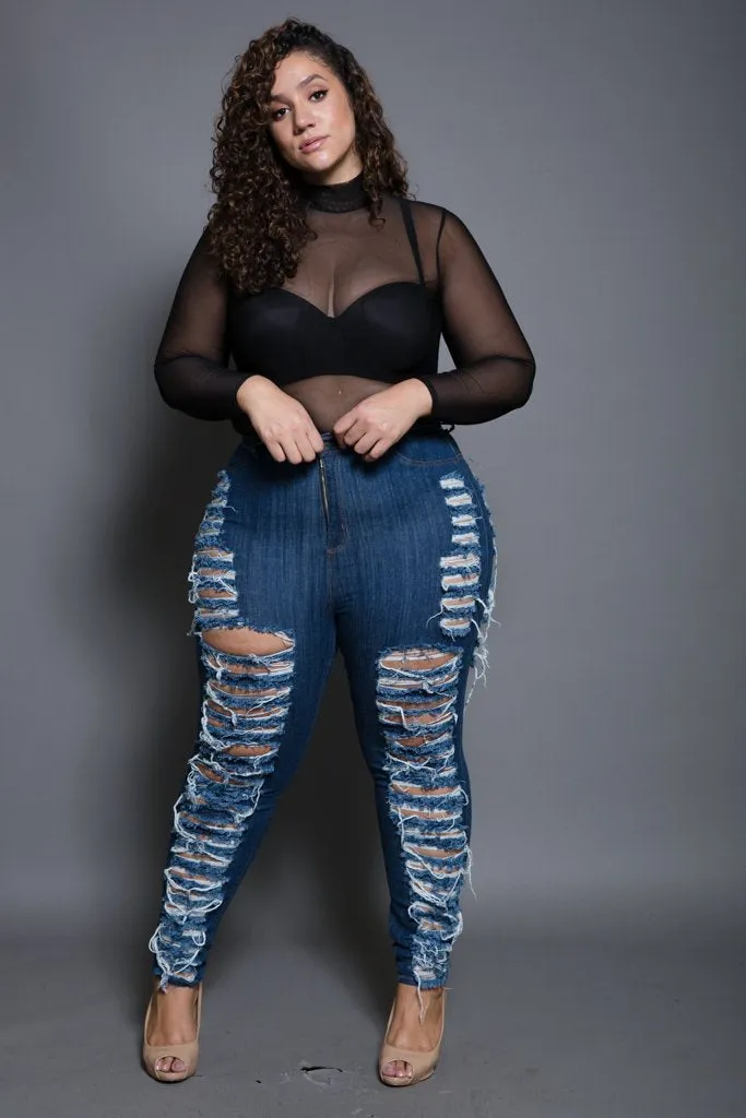 Plus Size Sliced Ripped Rockstar Denim Jeans [SALE]