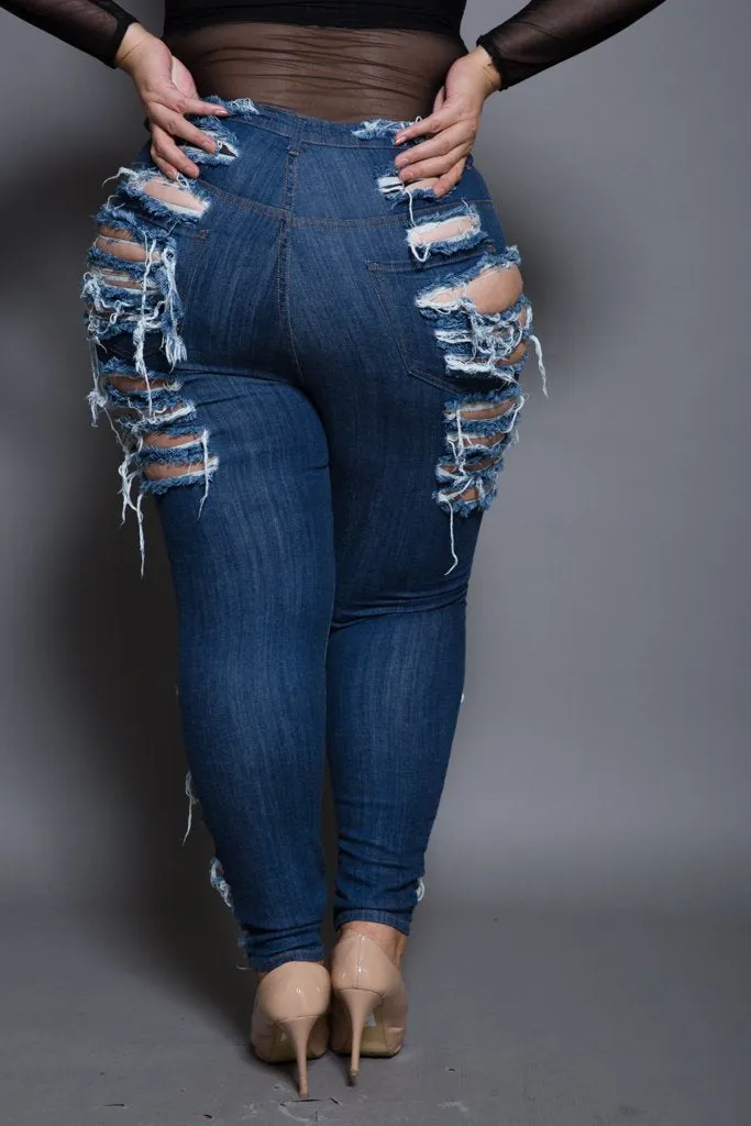Plus Size Sliced Ripped Rockstar Denim Jeans [SALE]