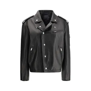 PRADA Women Black Biker Jacket 100% Leather Solid Snap-Buttons Pockets Bomber