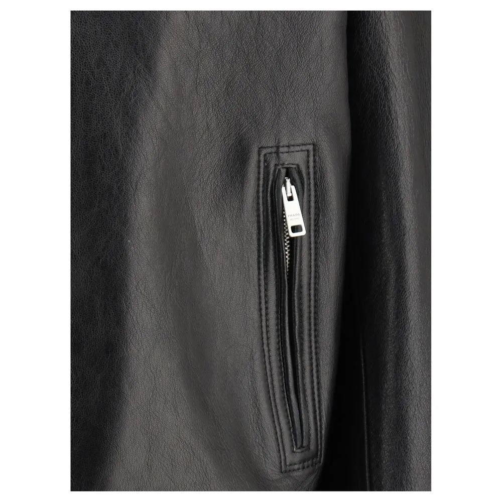 PRADA Women Black Biker Jacket 100% Leather Solid Snap-Buttons Pockets Bomber