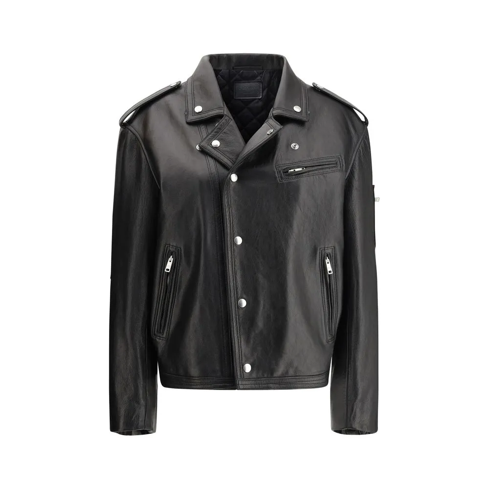 PRADA Women Black Biker Jacket 100% Leather Solid Snap-Buttons Pockets Bomber