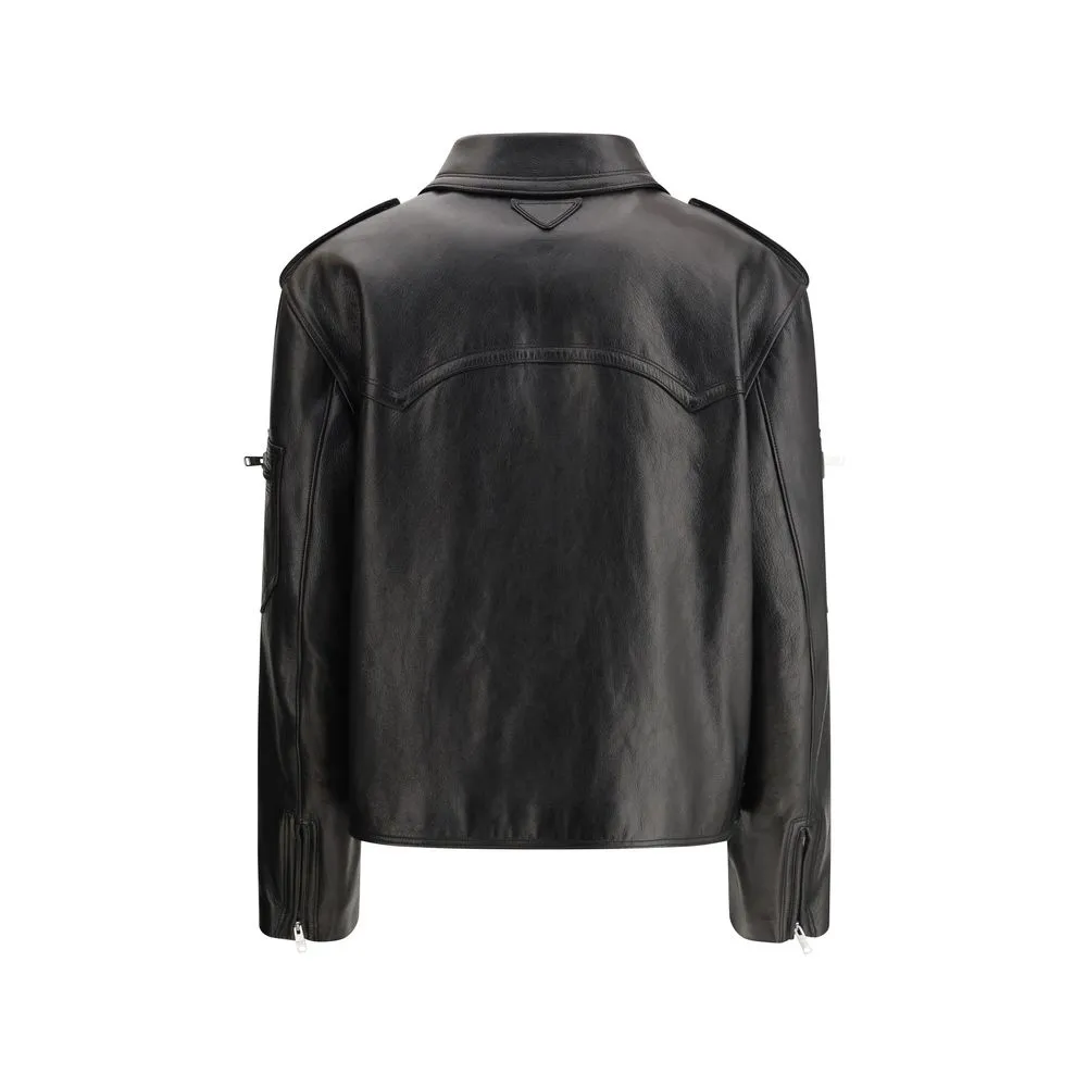 PRADA Women Black Biker Jacket 100% Leather Solid Snap-Buttons Pockets Bomber