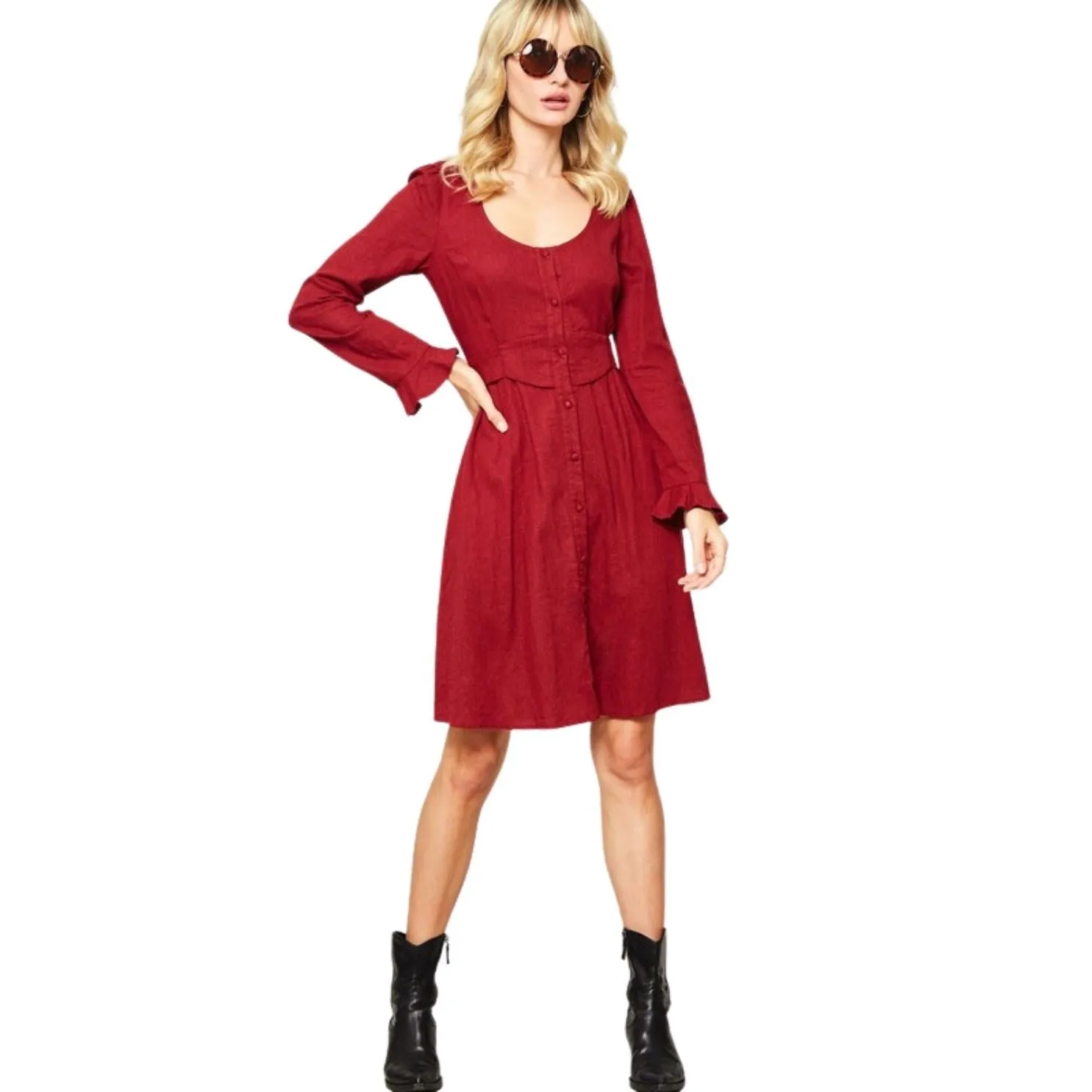 Promesa Green Scoop Neck Puff-Sleeve Ruffled Mini Dress HDE8359-GREEN