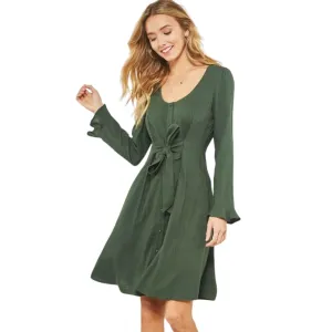 Promesa Green Scoop Neck Puff-Sleeve Ruffled Mini Dress HDE8359-GREEN