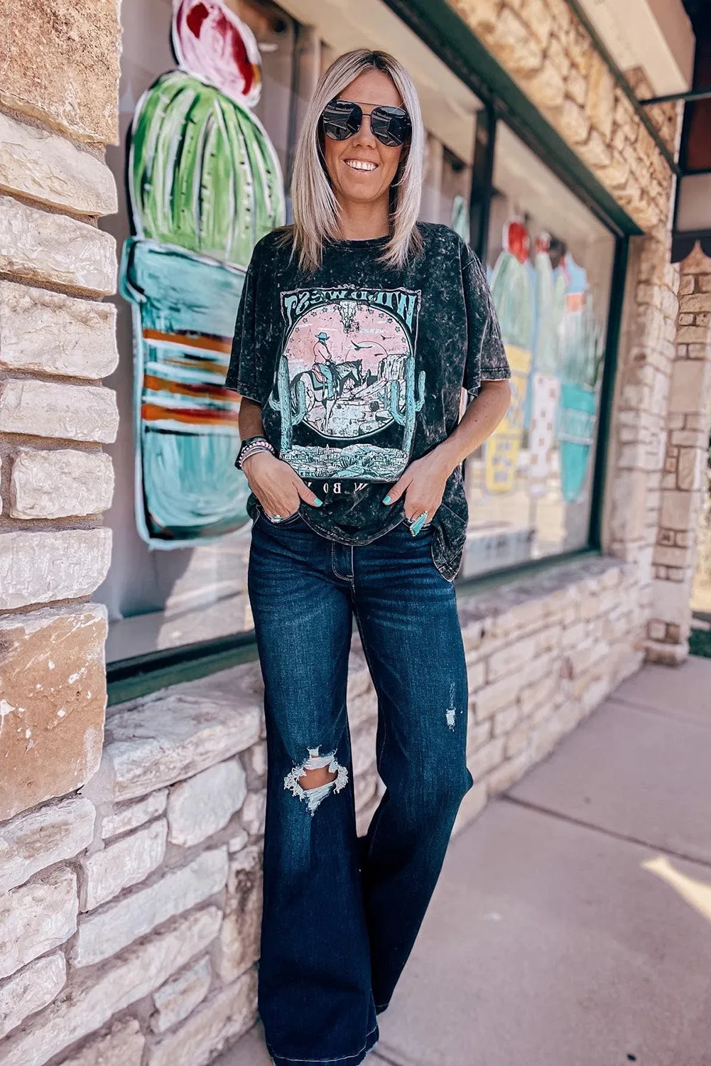 Real Teal High Rise Ripped Bell Bottom Jeans