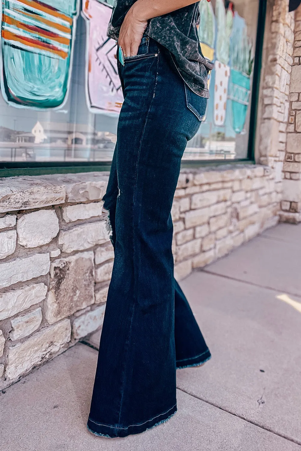 Real Teal High Rise Ripped Bell Bottom Jeans
