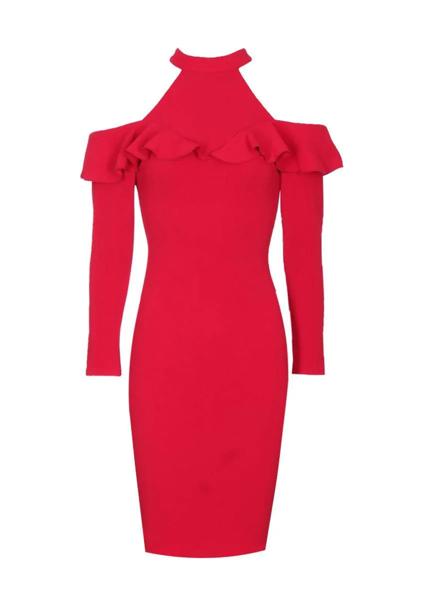 Red High Neck Cold Shoulder Long Sleeved Midi Dress