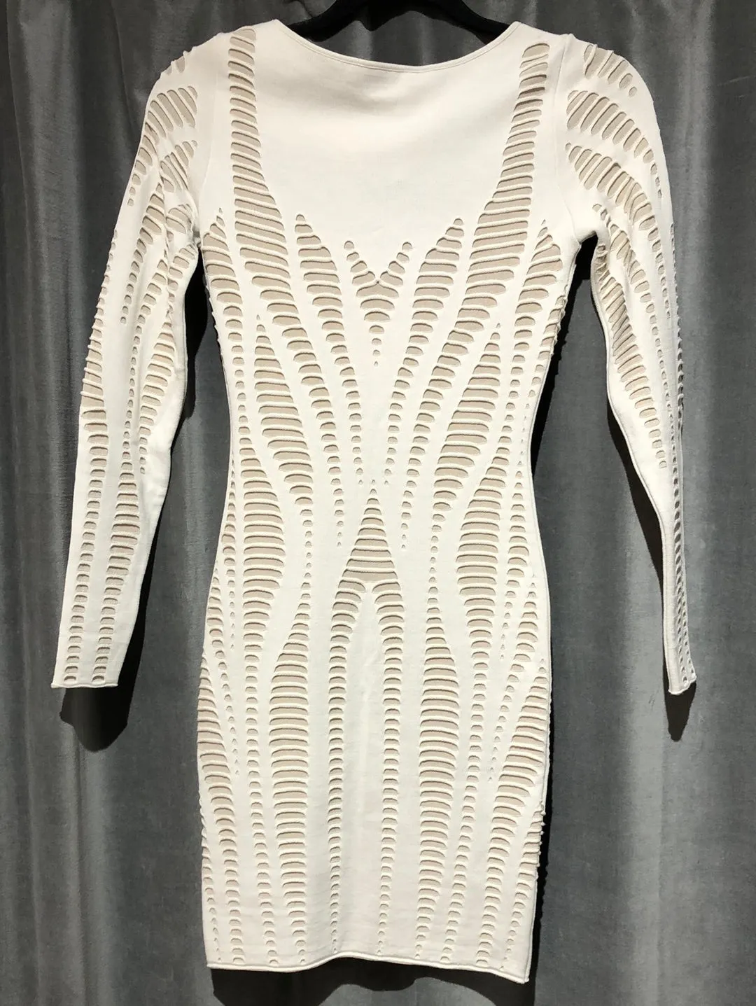 RVN Cream Knit Long Sleeve Shredded Bodycon Dress