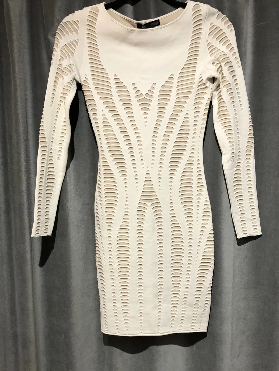 RVN Cream Knit Long Sleeve Shredded Bodycon Dress