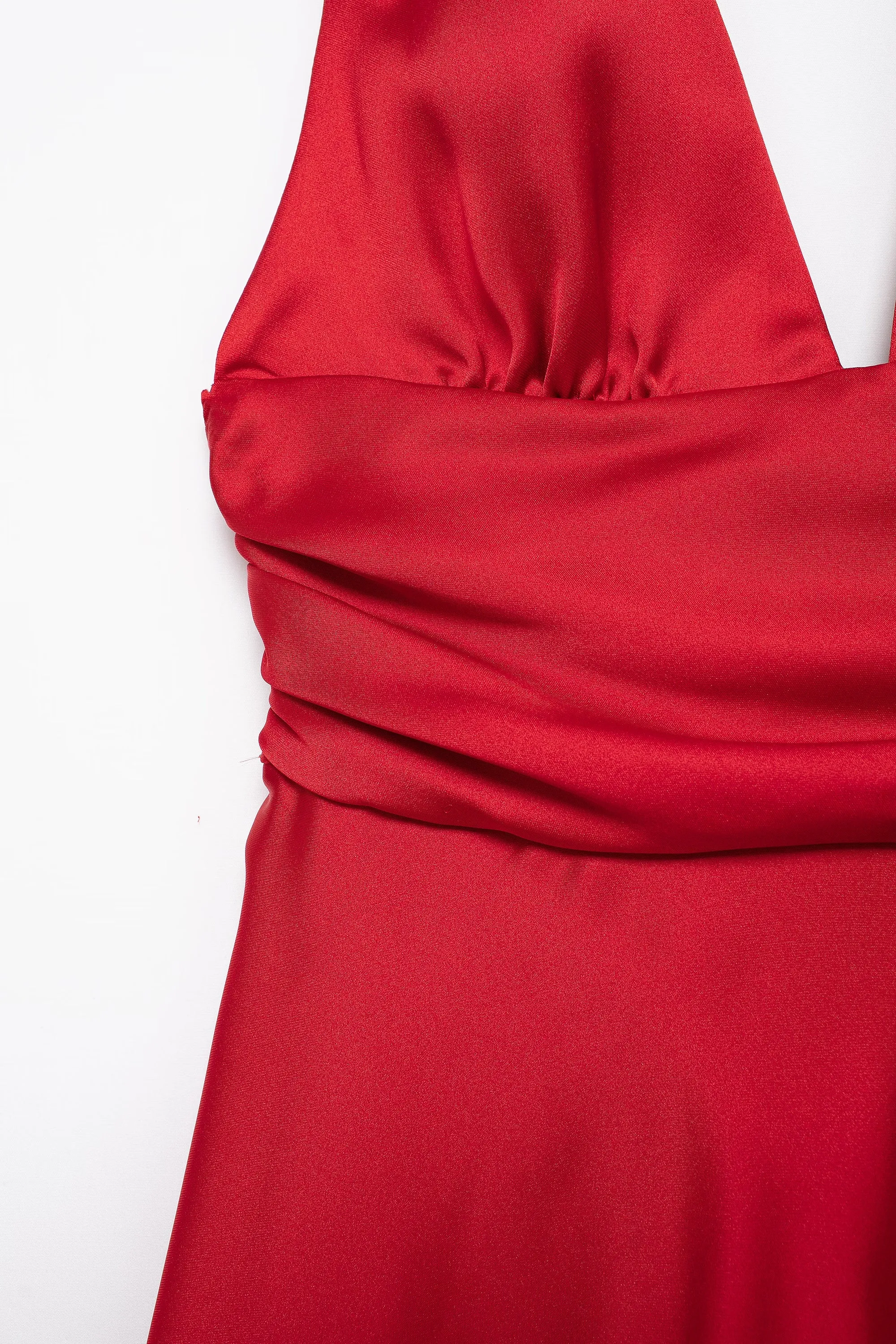 Satin Deep V Cinched Halter Mini Dress