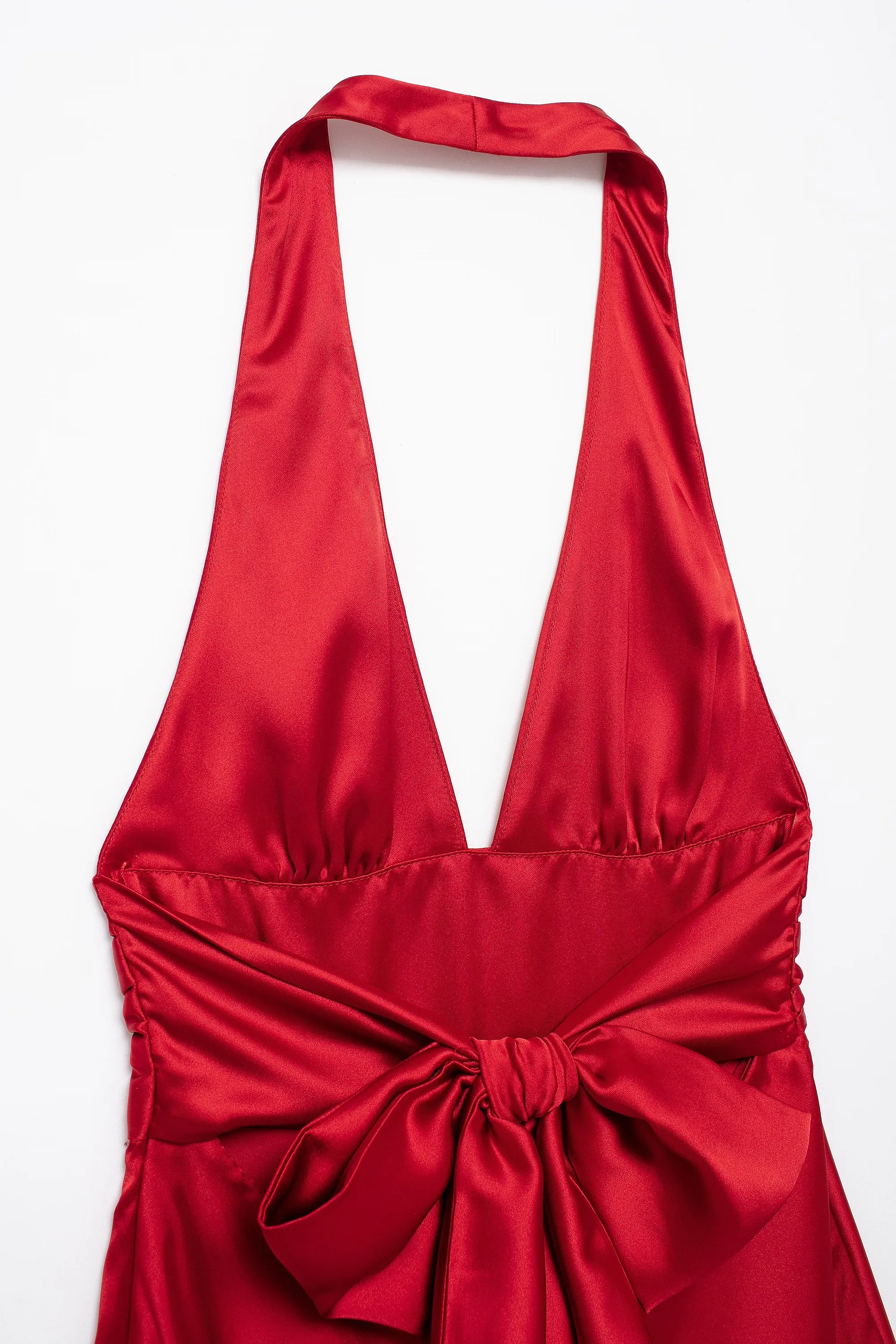 Satin Deep V Cinched Halter Mini Dress