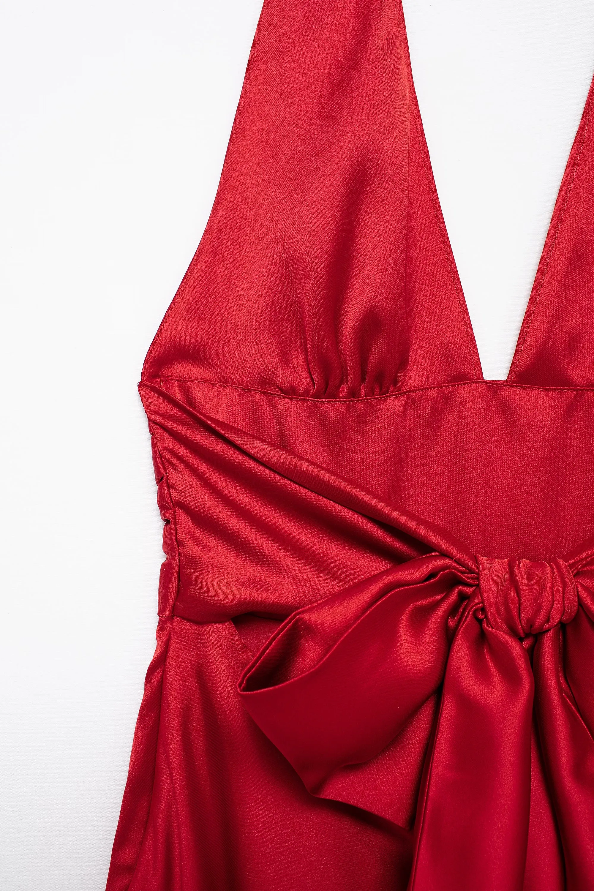 Satin Deep V Cinched Halter Mini Dress