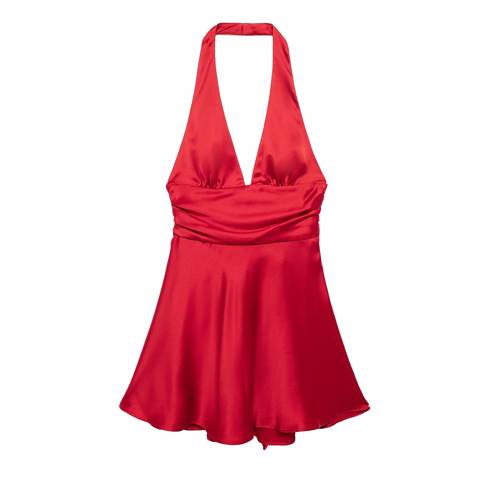 Satin Deep V Cinched Halter Mini Dress