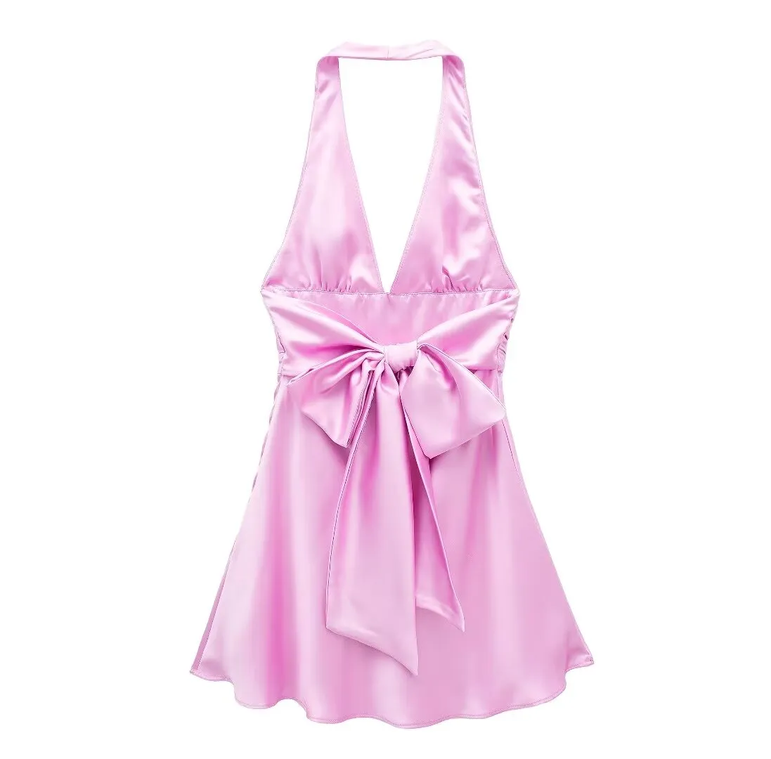 Satin Deep V Cinched Halter Mini Dress