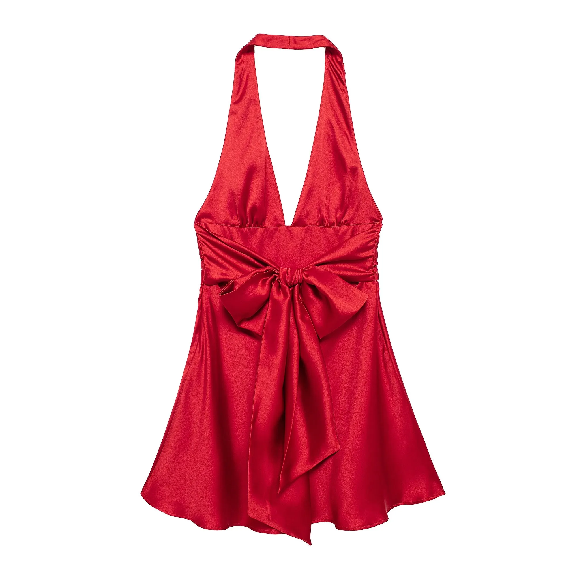 Satin Deep V Cinched Halter Mini Dress