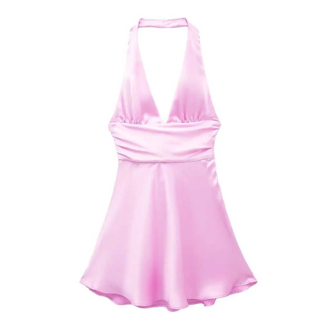 Satin Deep V Cinched Halter Mini Dress