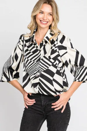 Satin Print Button down Shirt 03195T-BLACK