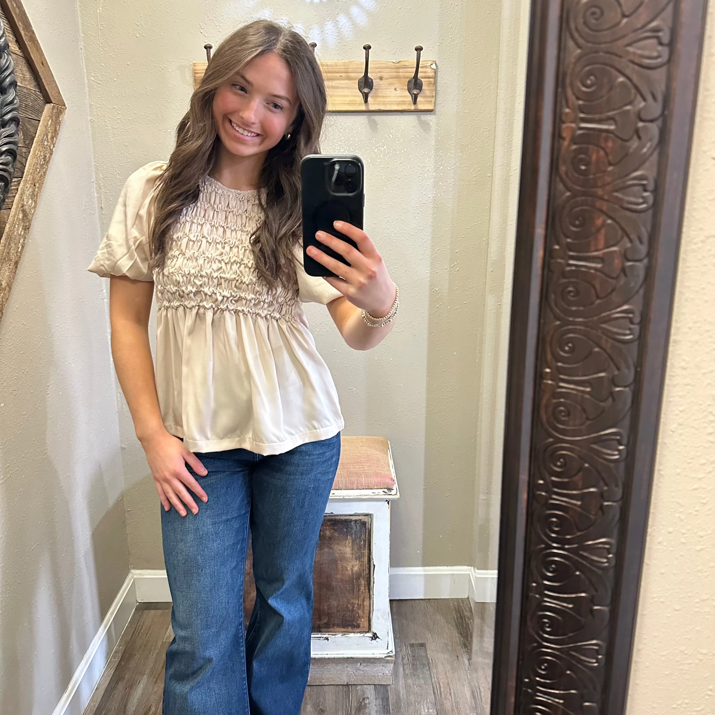 Satin Puffle Sleeve Gathered Top