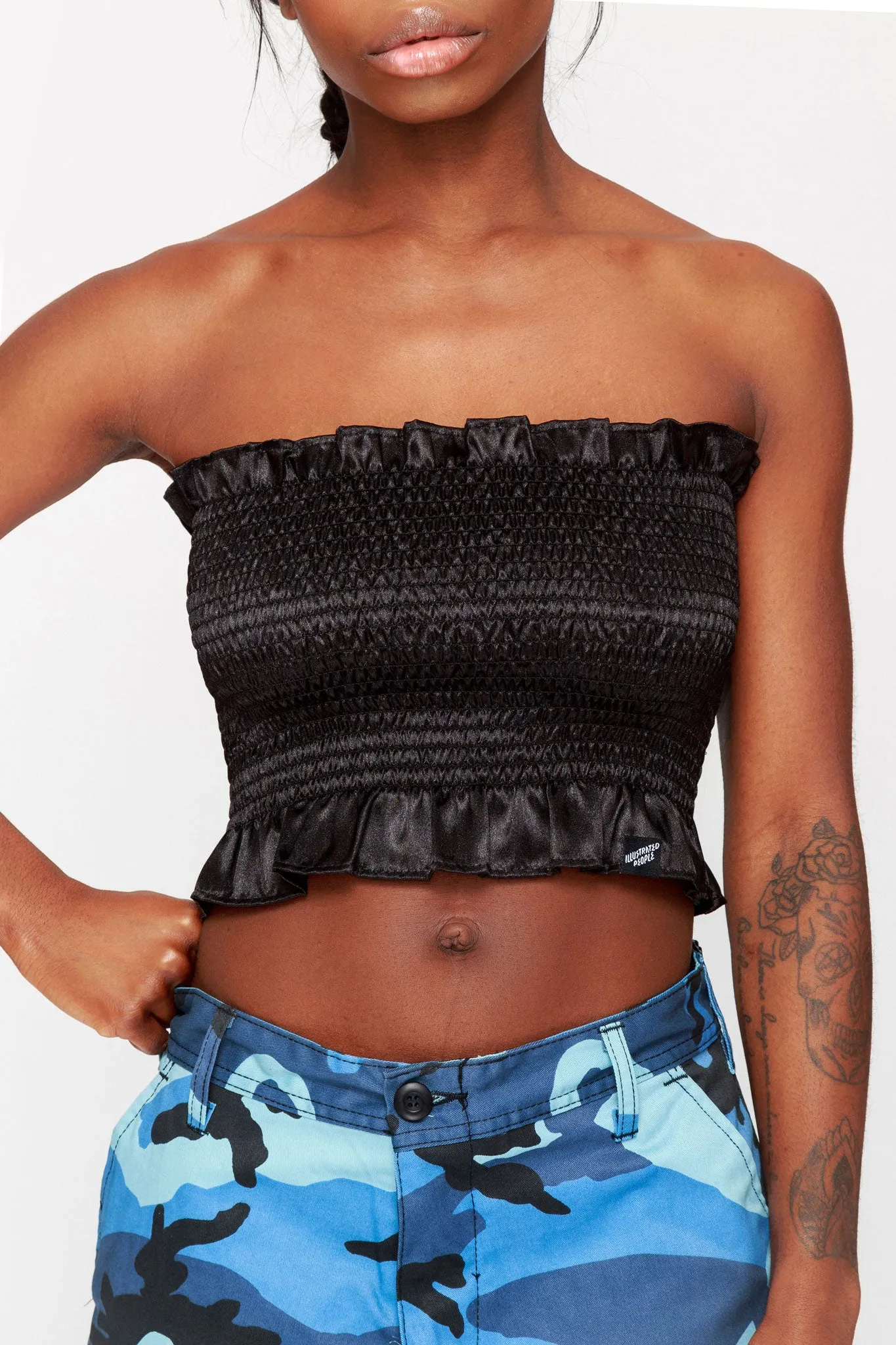 Satin Ruched Frill Bandeau Top Black
