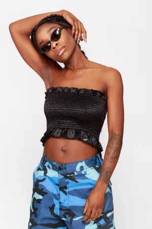 Satin Ruched Frill Bandeau Top Black