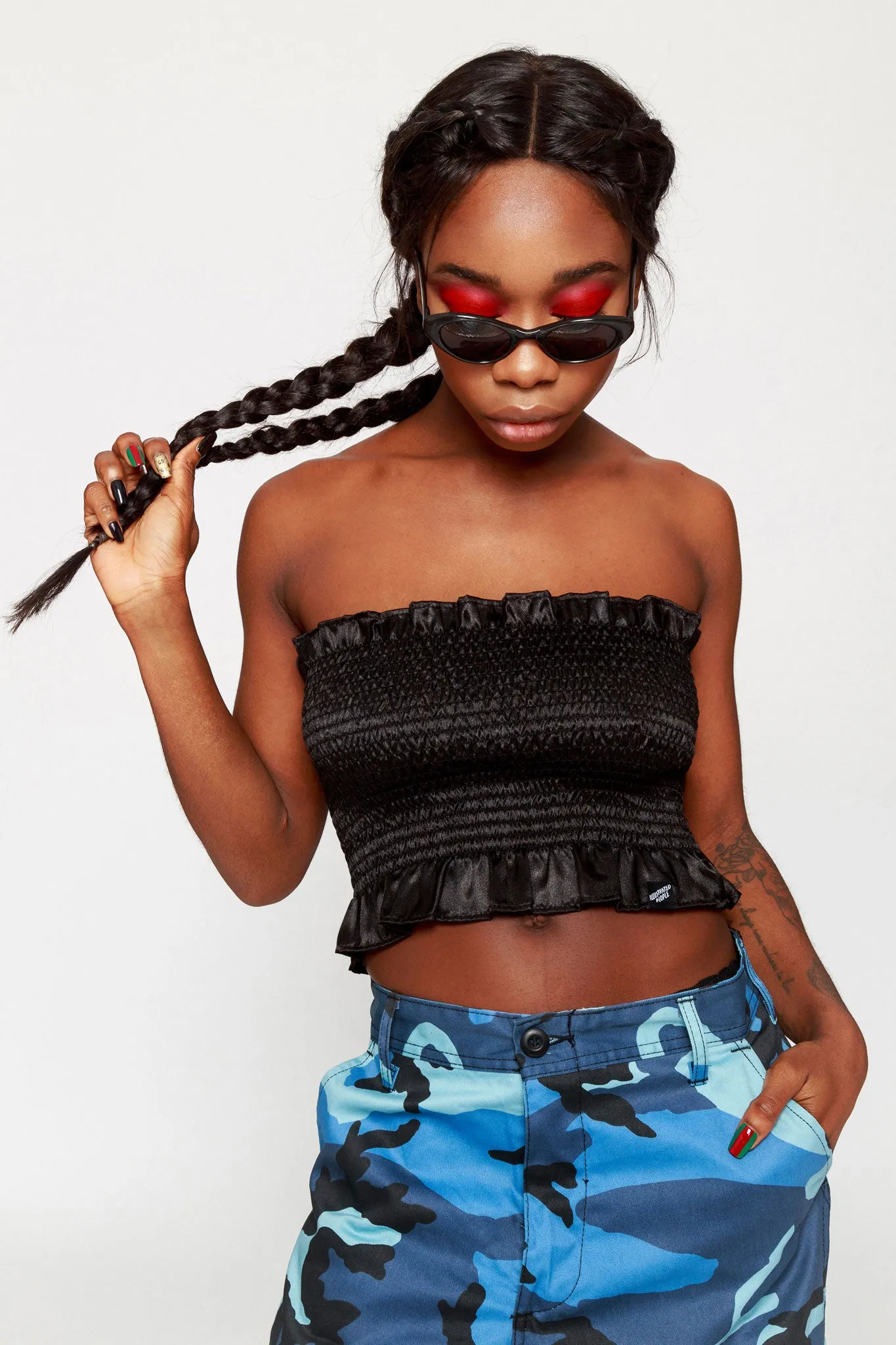 Satin Ruched Frill Bandeau Top Black
