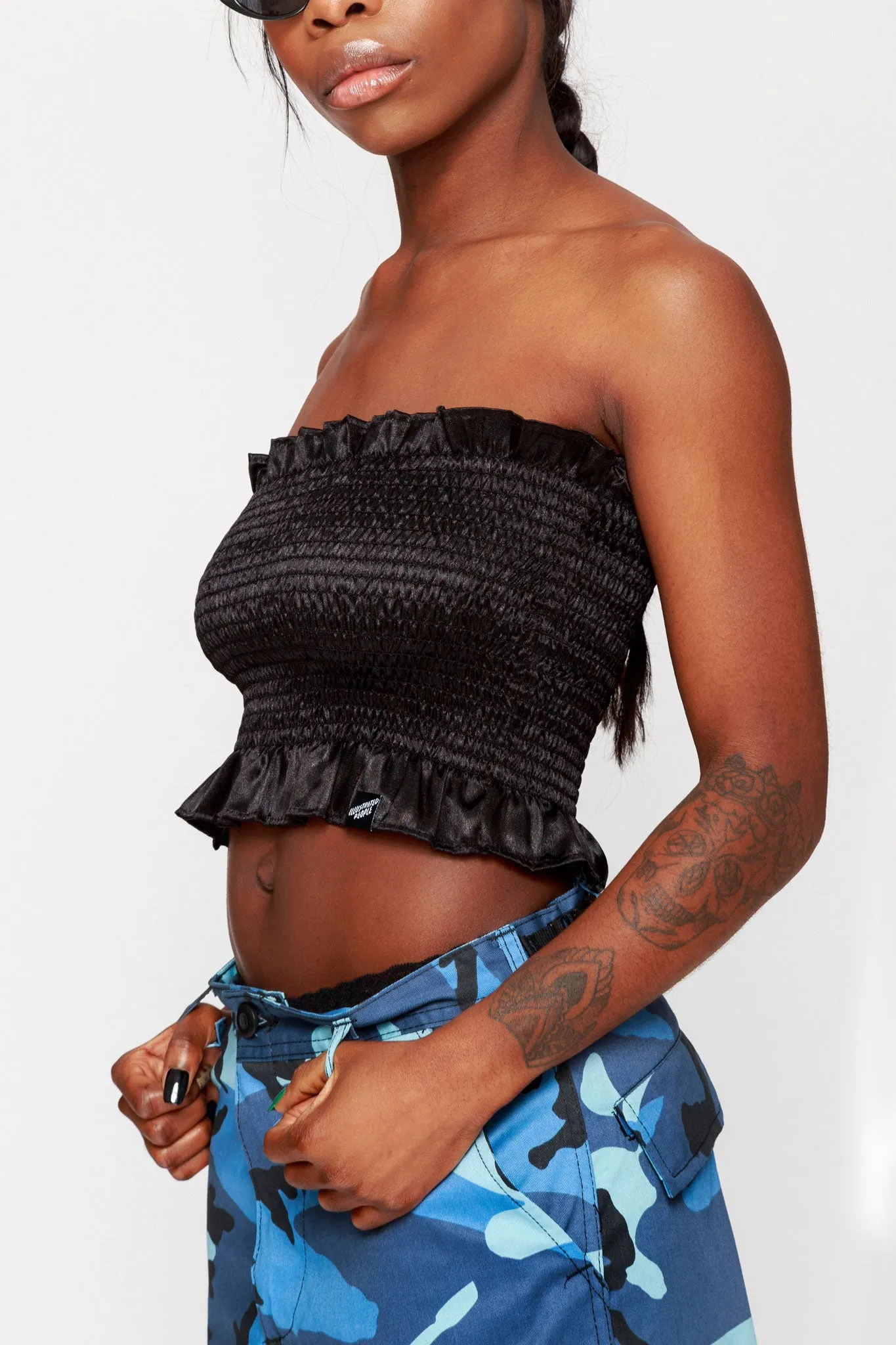 Satin Ruched Frill Bandeau Top Black
