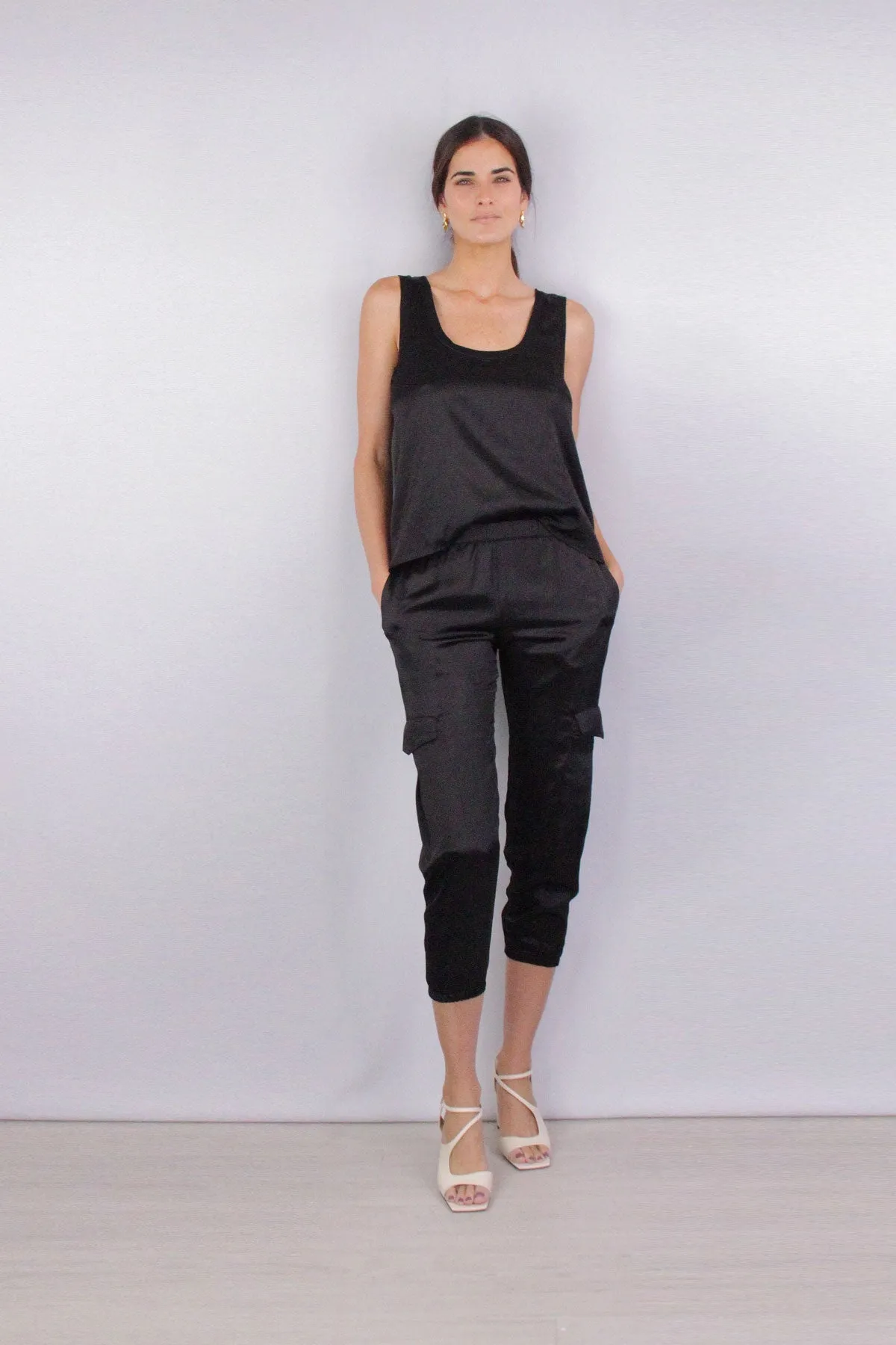 Satin Scoop Tank in Black
