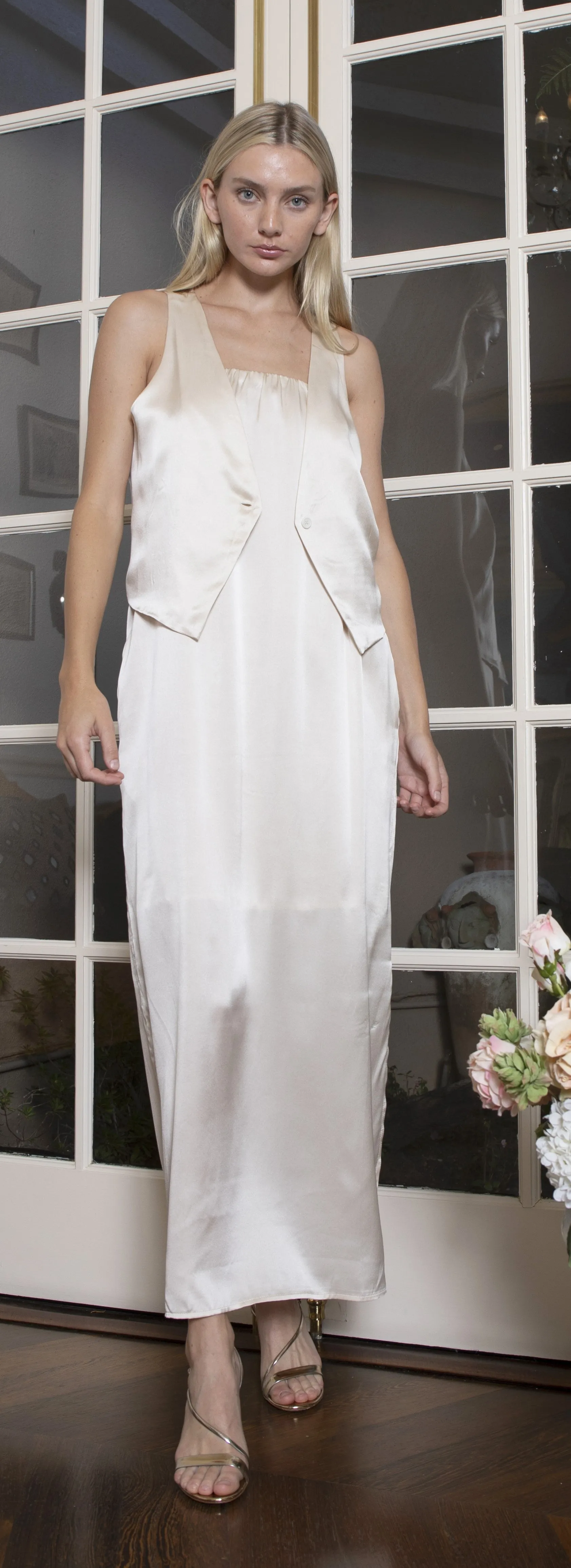 Silk Button Front Vest Pearl