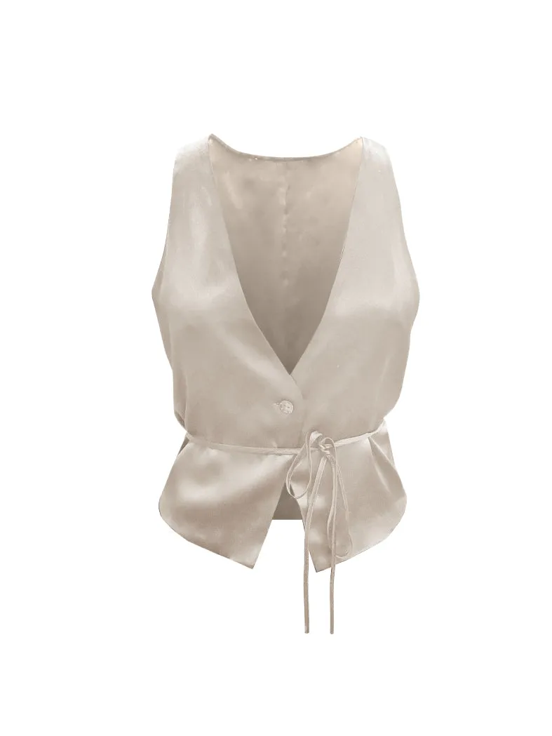 Silk Button Front Vest Pearl