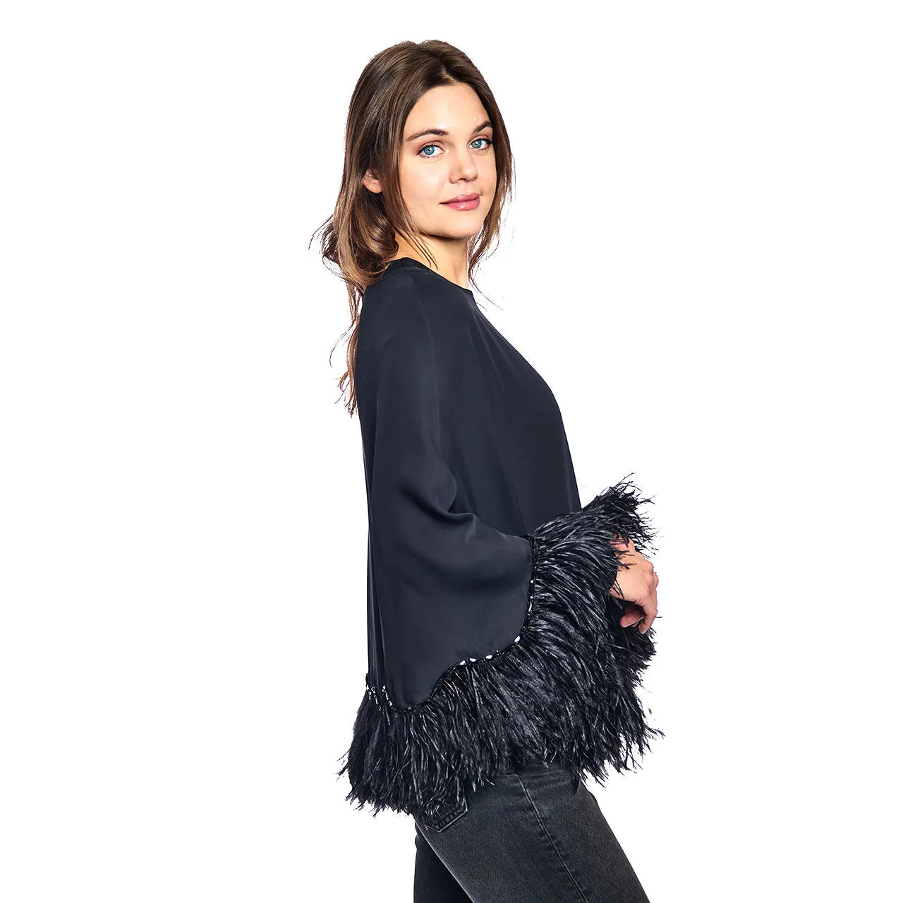 Silk Georgette Cape with Ostrich Jeweled Feather Trim