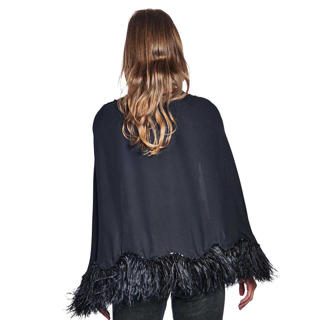 Silk Georgette Cape with Ostrich Jeweled Feather Trim