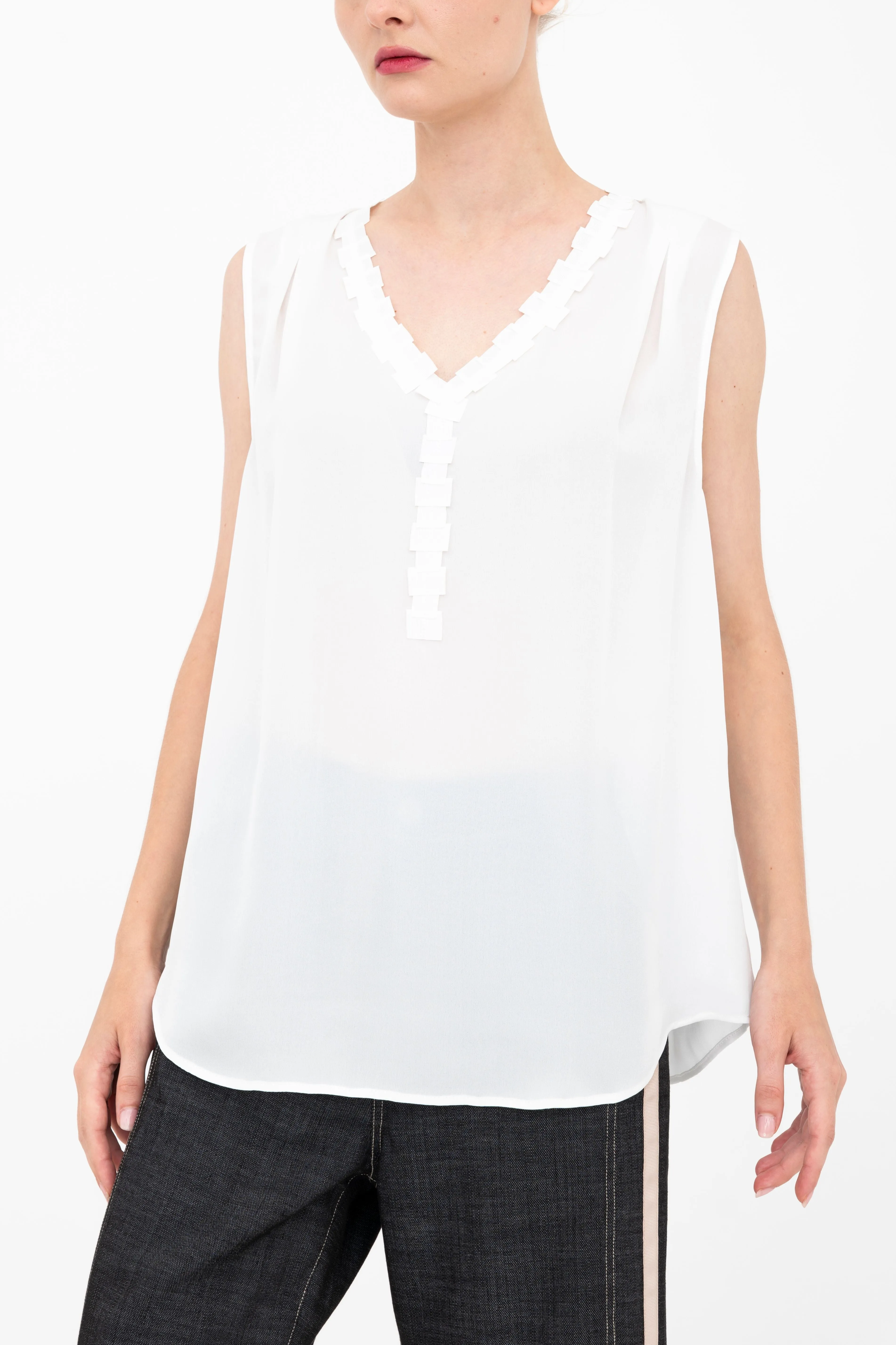 Silk Georgette V Neck Shell Top with Grosgrain Trim - BETTINA