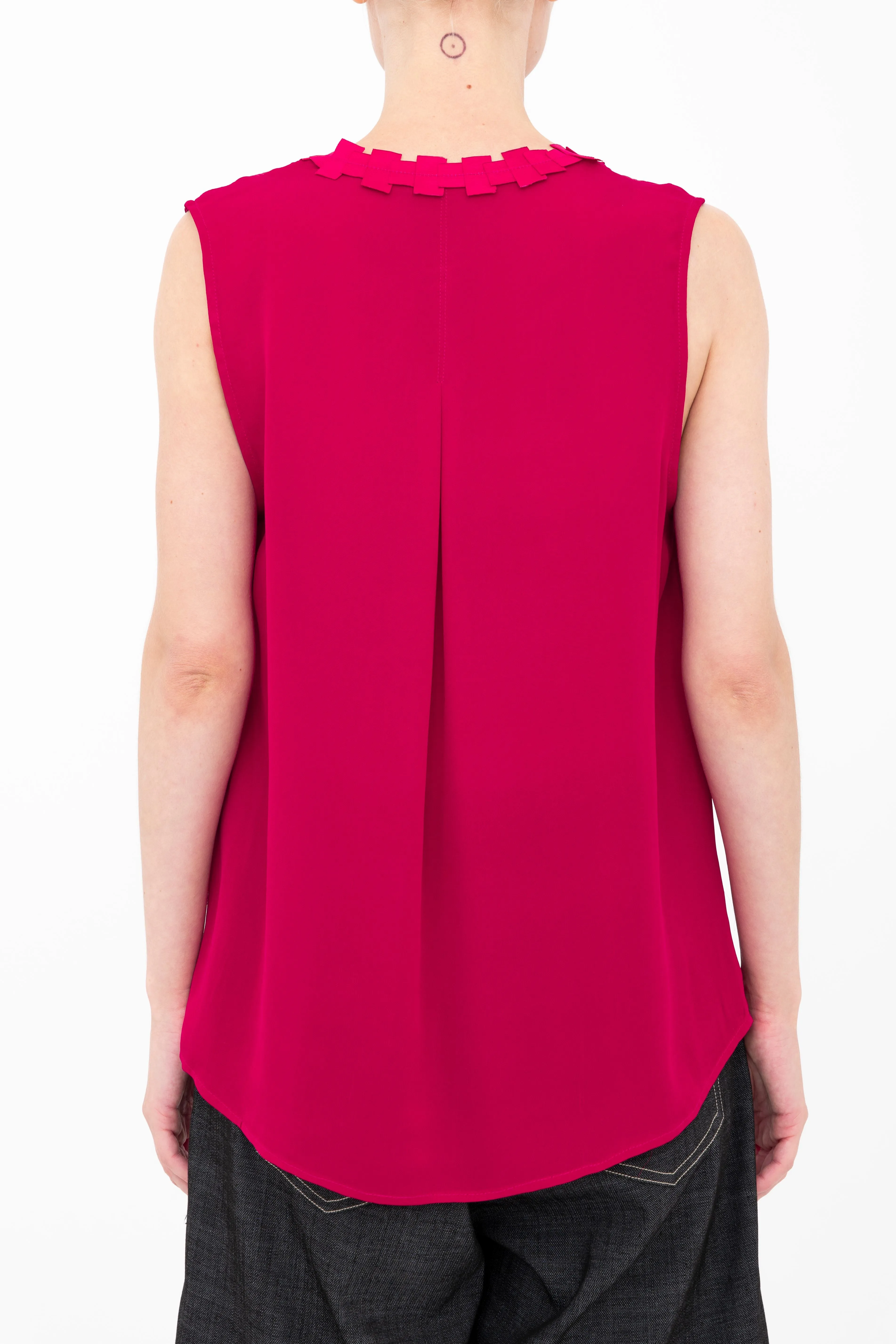Silk Georgette V Neck Shell Top with Grosgrain Trim - BETTINA