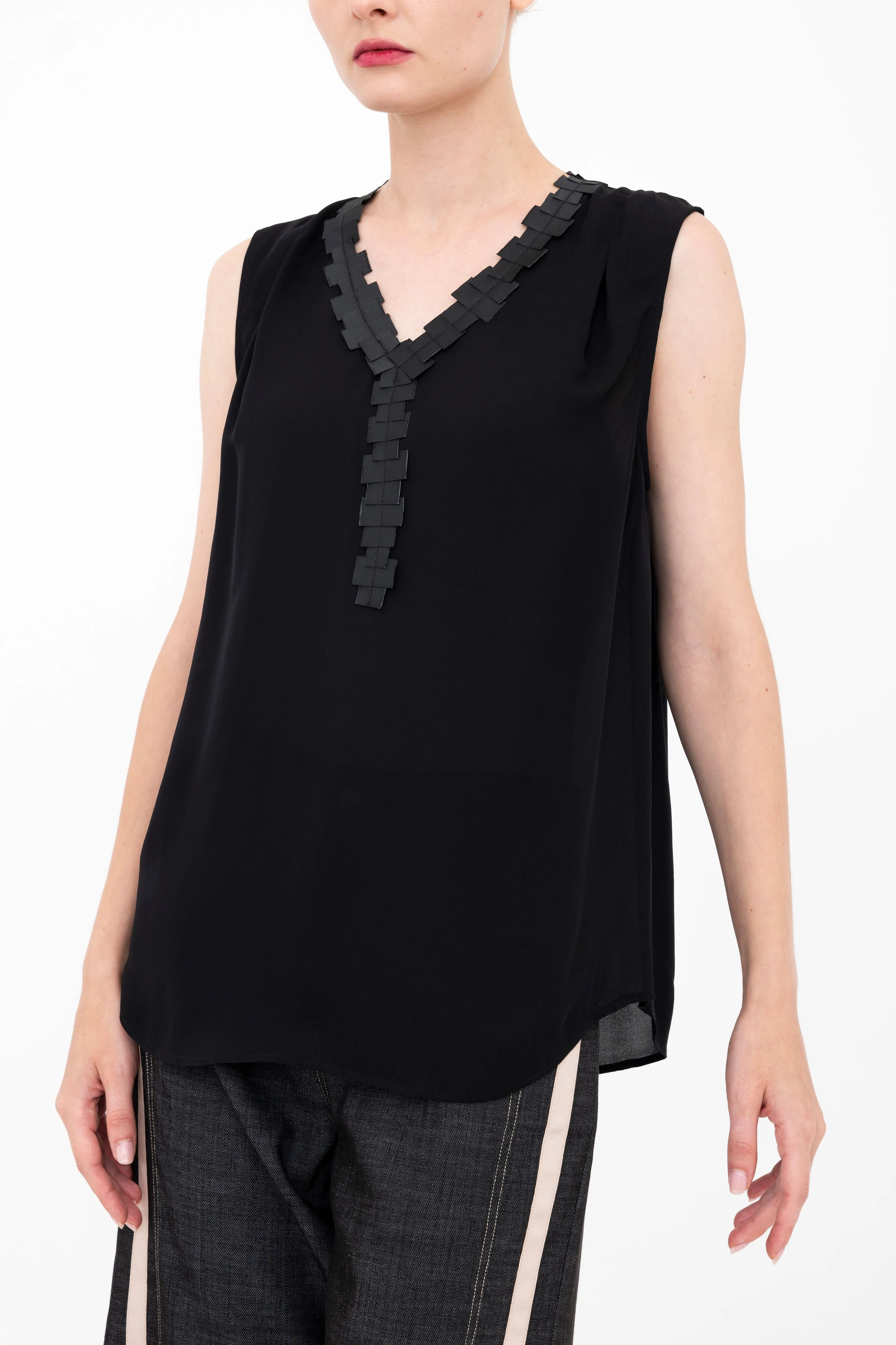 Silk Georgette V Neck Shell Top with Grosgrain Trim - BETTINA
