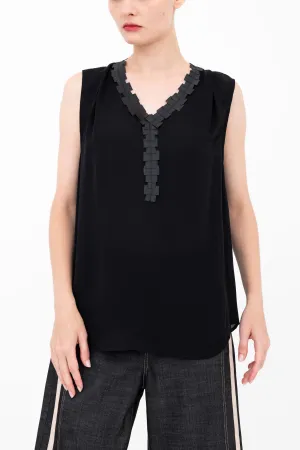 Silk Georgette V Neck Shell Top with Grosgrain Trim - BETTINA