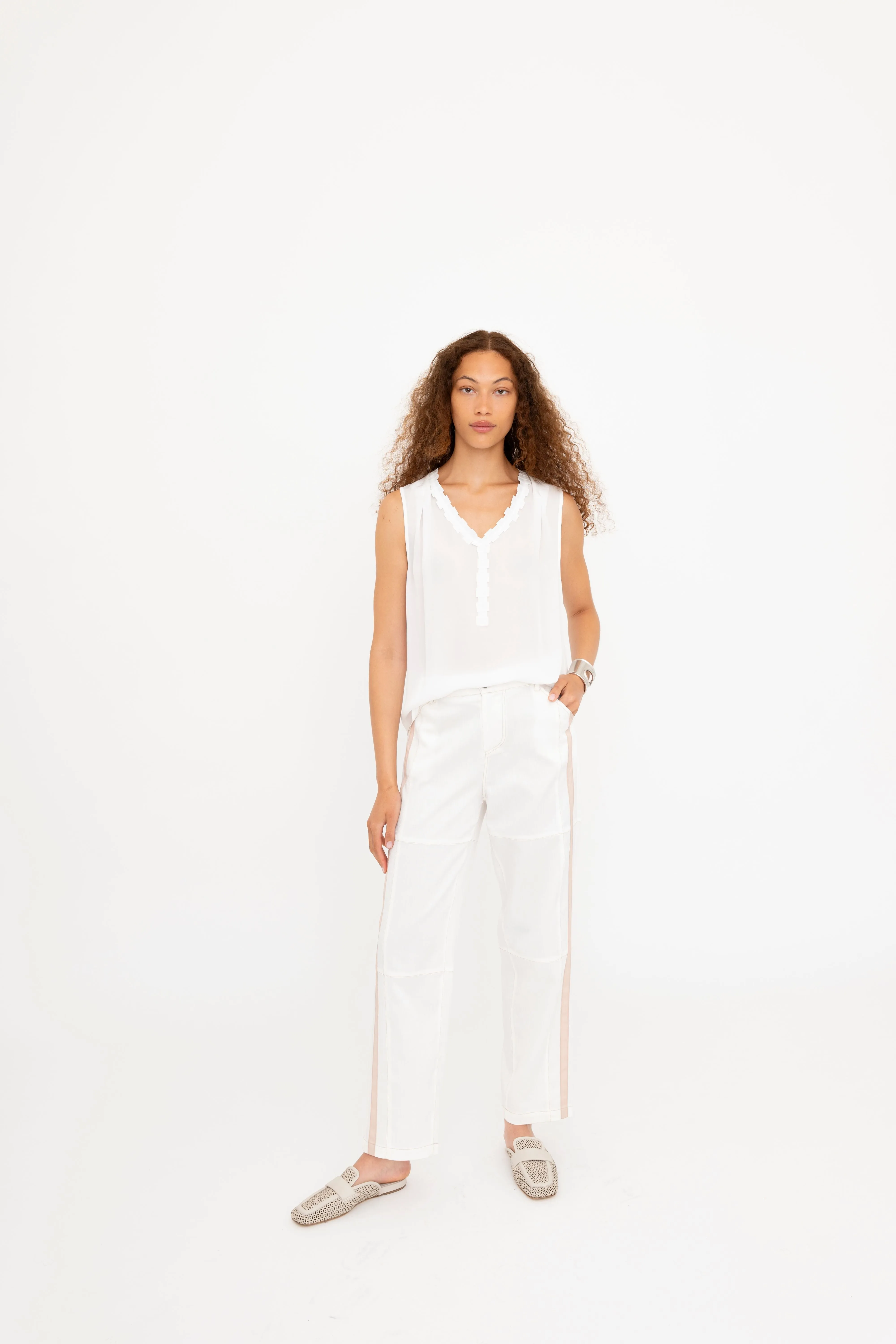 Silk Georgette V Neck Shell Top with Grosgrain Trim - BETTINA