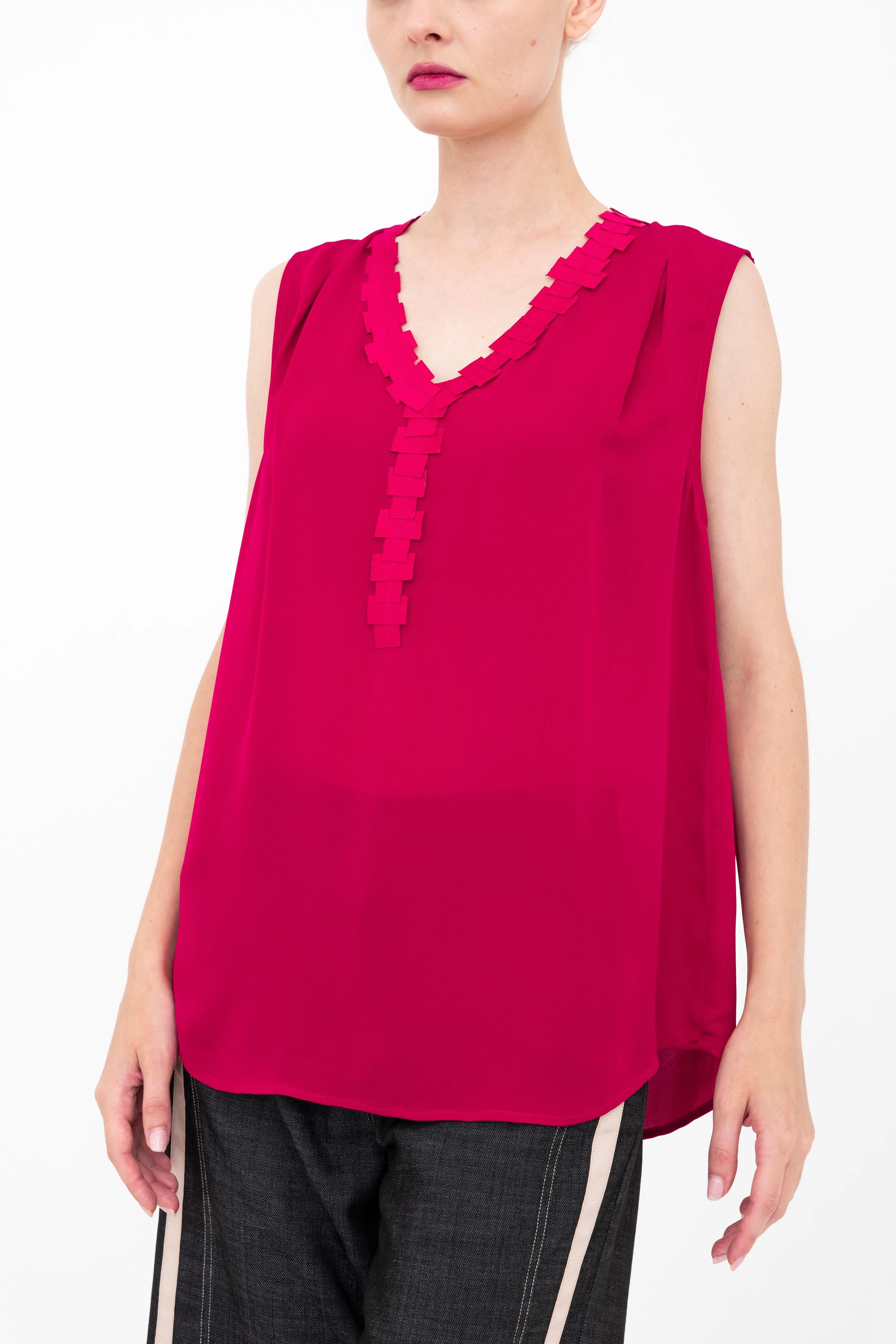 Silk Georgette V Neck Shell Top with Grosgrain Trim - BETTINA